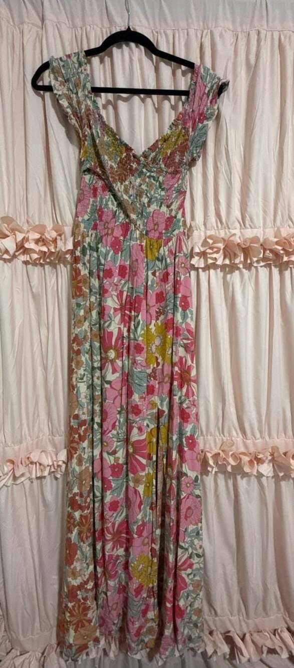Aakaa Women's Floral Print Smocked Bodice Maxi Dress with Side Slit